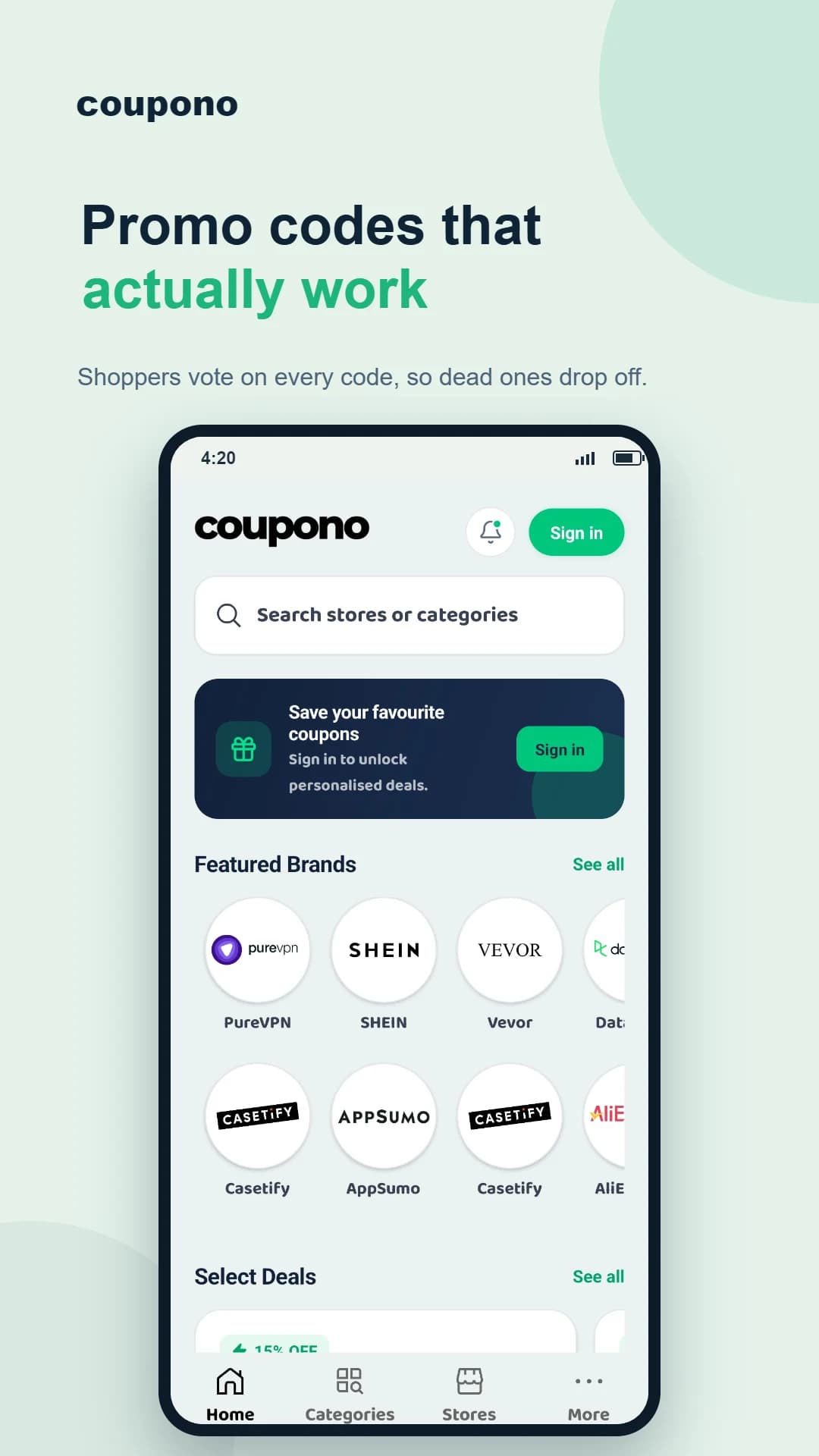 Coupono Android app home screen with featured brands