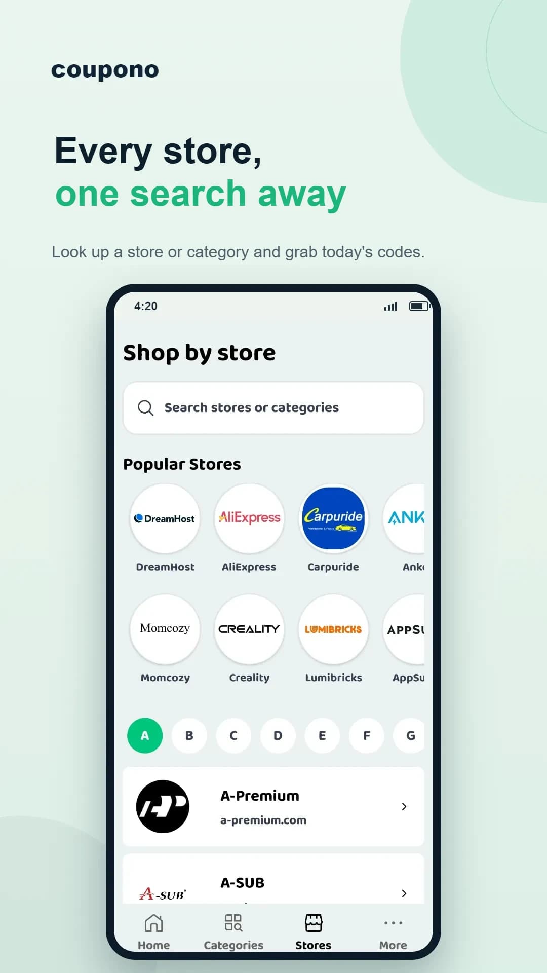 Coupono Android app store directory showing popular stores