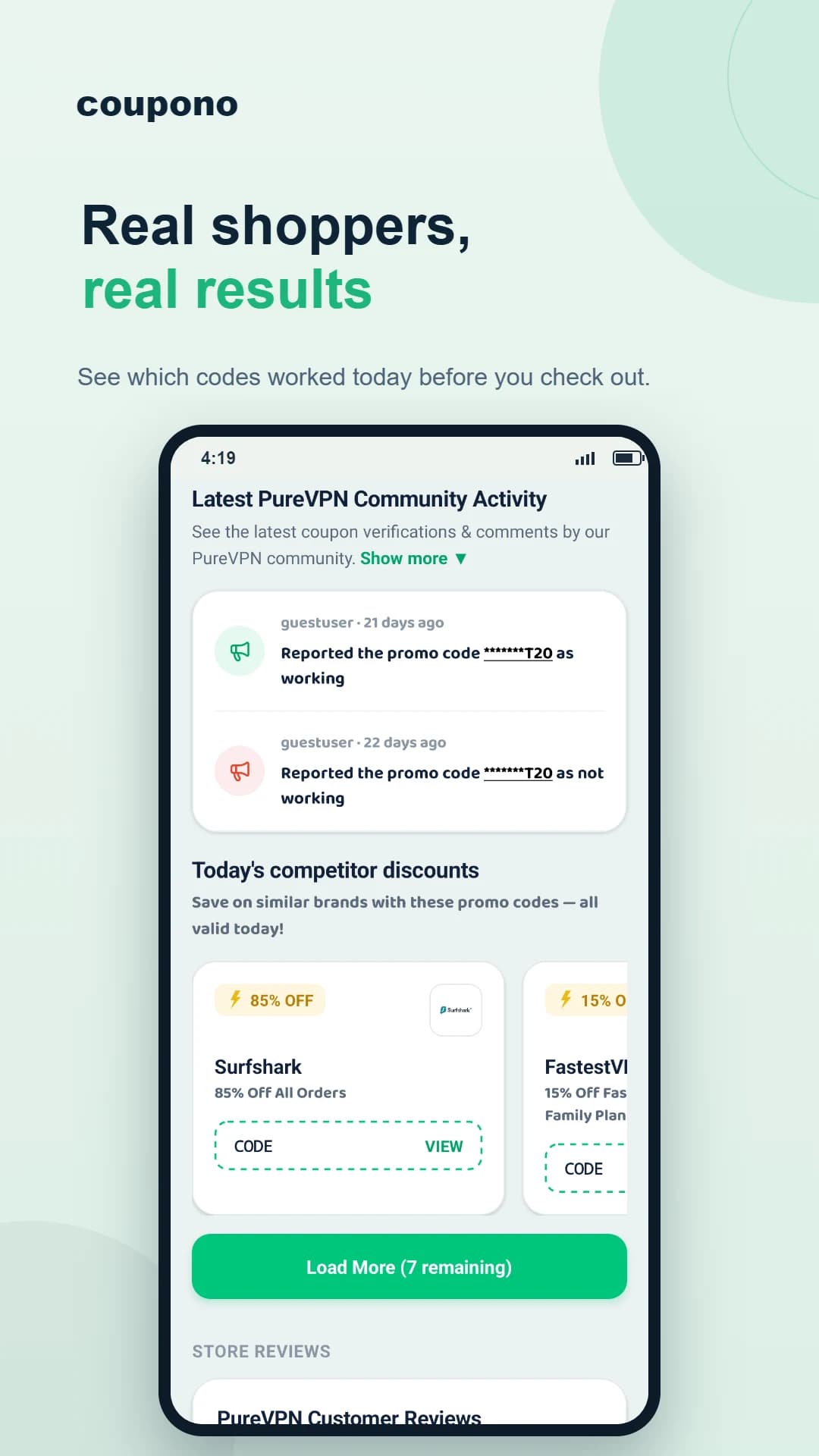 Coupono Android app showing the latest code checks for a store