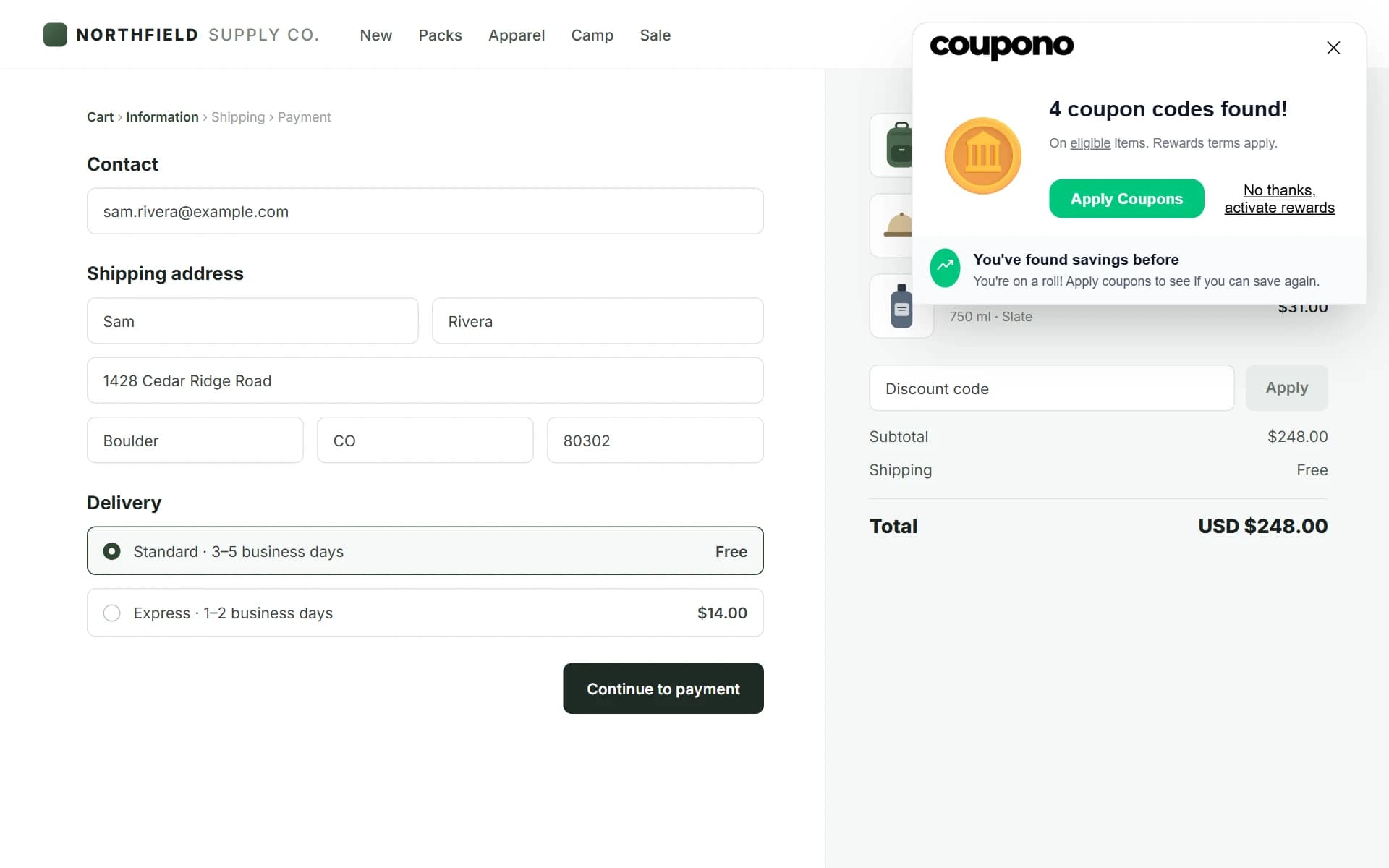Coupono popup at checkout showing four coupon codes found, ready to apply in one click