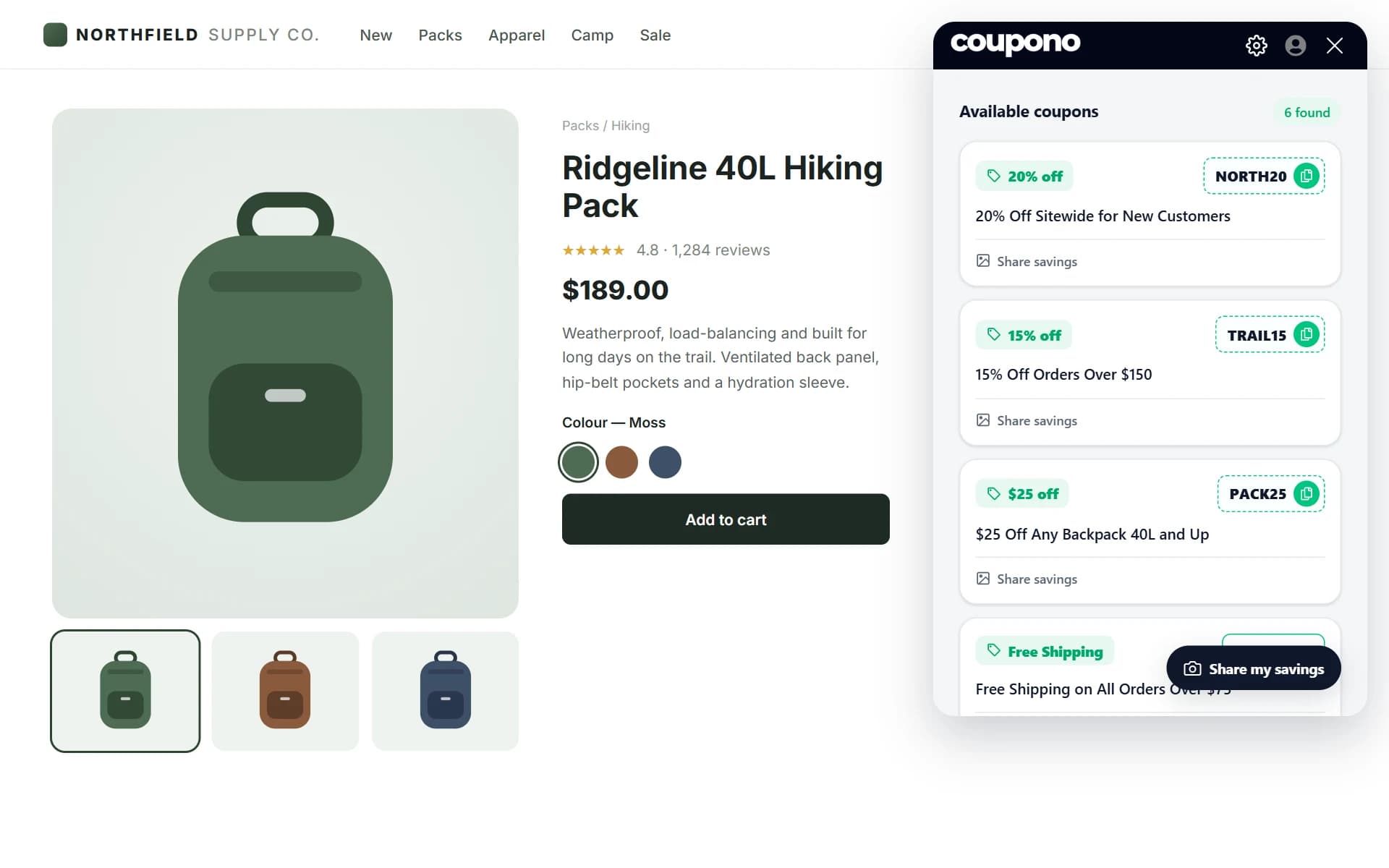 Coupono panel listing the verified coupon codes for the store being browsed