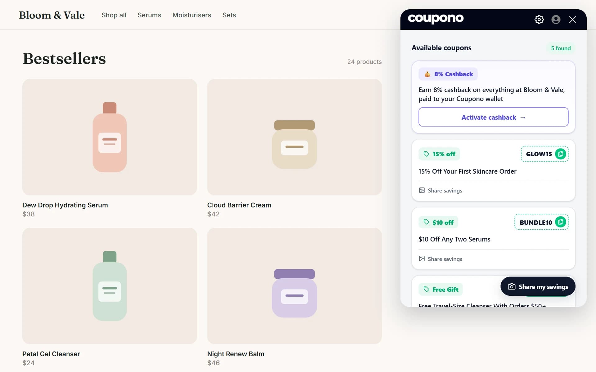 Coupono panel offering cashback on the store alongside its coupon codes